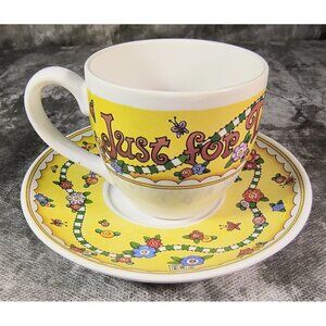 Mary Engelbreit Be Happy Yellow Ceramic Cup & Saucer Set Colorful Floral Design